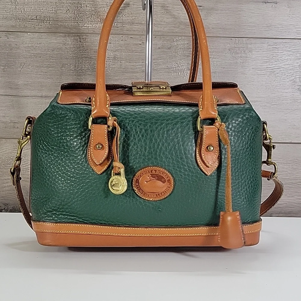 Vintage Dooney & Bourke Green Pebbled Leather Satchel with Tan Trim and Handles